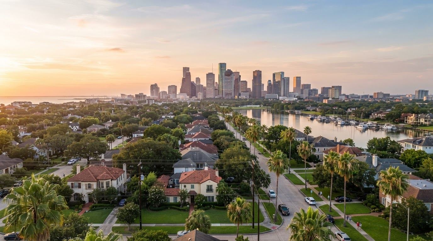 Houston Texas skyline and residential area near the Gulf Coast Houston Texas skyline and residential area near the Gulf Coast