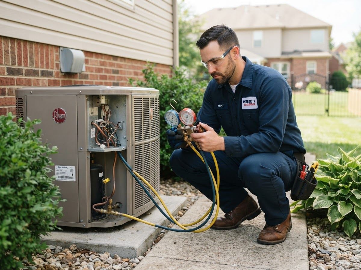 Jay’s AC technician servicing a residential central AC condenser Jay’s AC technician servicing a residential central AC condenser